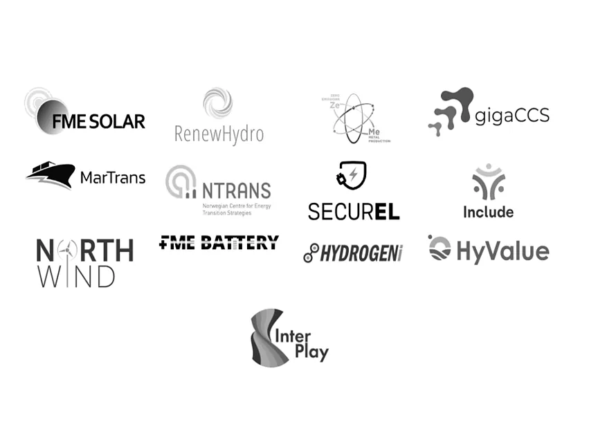 The logos of FME SOLAR, RenwHydro, ZeMe, gigaCCS, MarTrans, NTRANS, SECUREL, Include, NorthWind, FME BATTERY, HYDRIGENi, HyValue and InterPlay